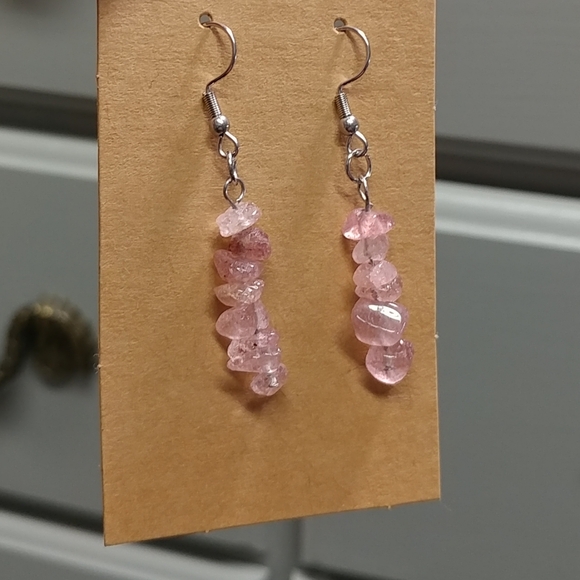 Strawberry Quartz Earrings Natural Gemstone Chip Beaded Surgical Stainless-Steel - Picture 9 of 11